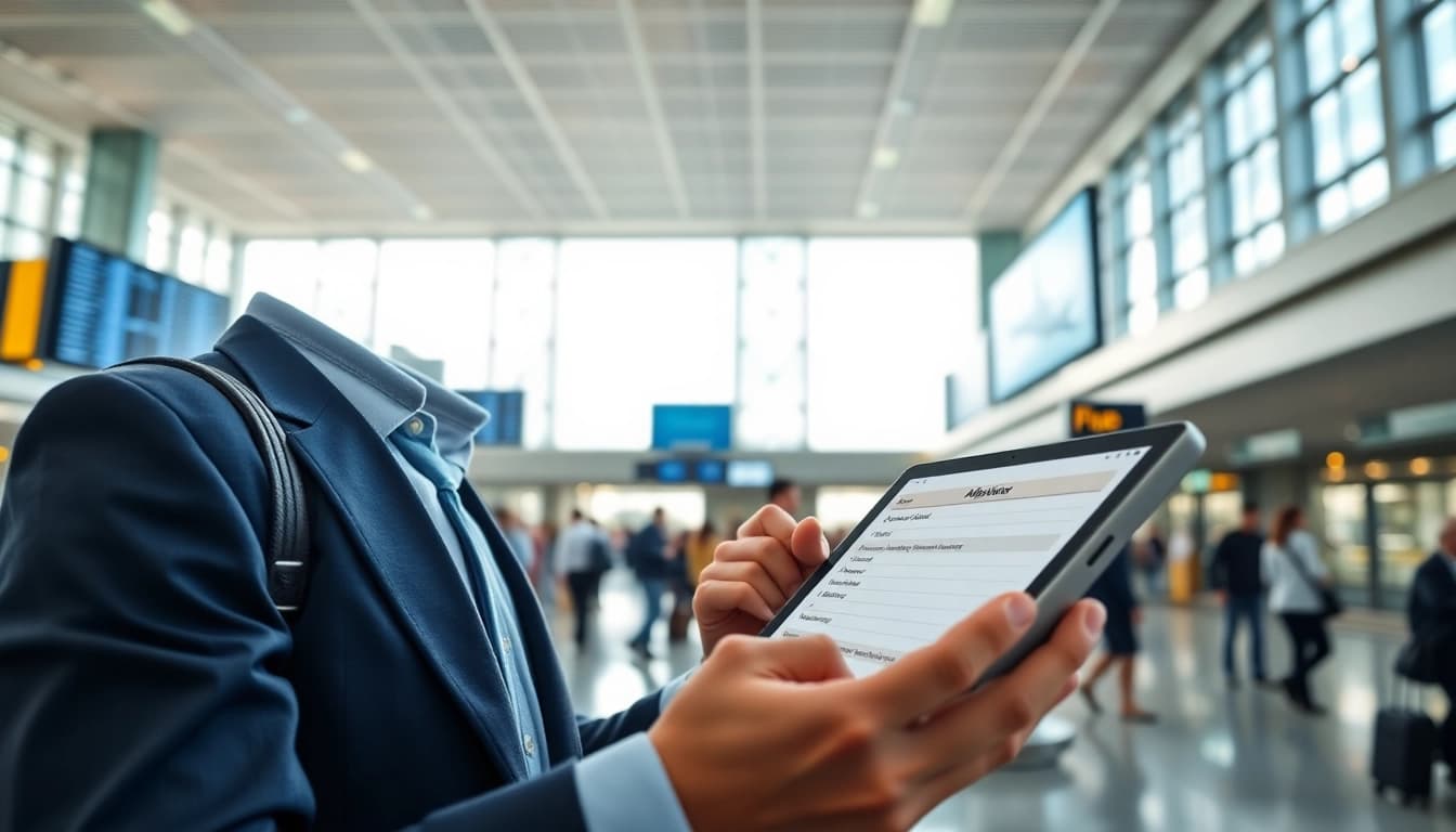 Fill out the eta application uk at a busy airport terminal, highlighting modern travel.