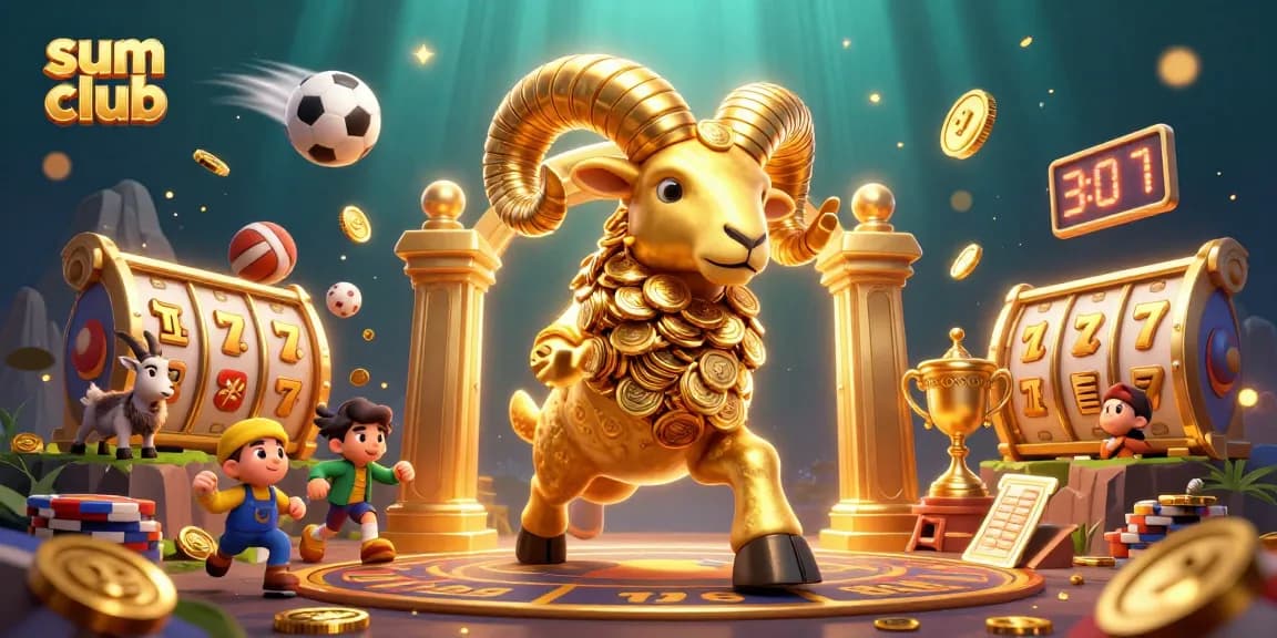 Engage in thrilling games at sum club with a golden ram symbolizing fortune amidst vibrant 3D illustrations.