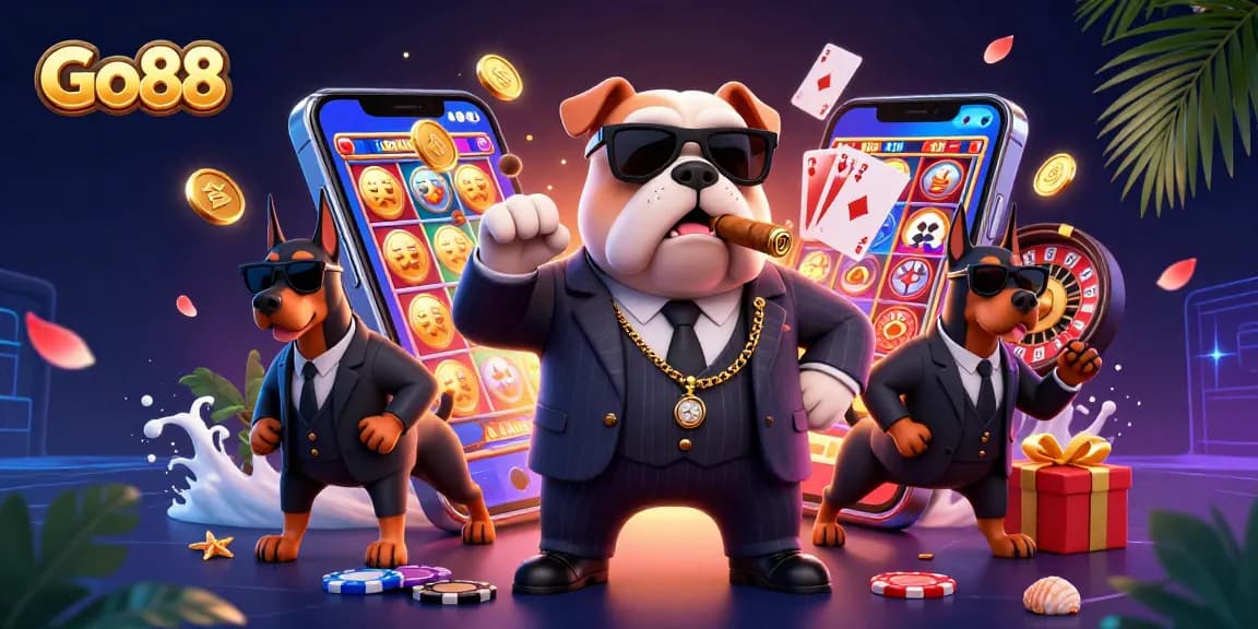 Engage with Go88's thrilling casino experience, featuring a mob-themed gambling scene.