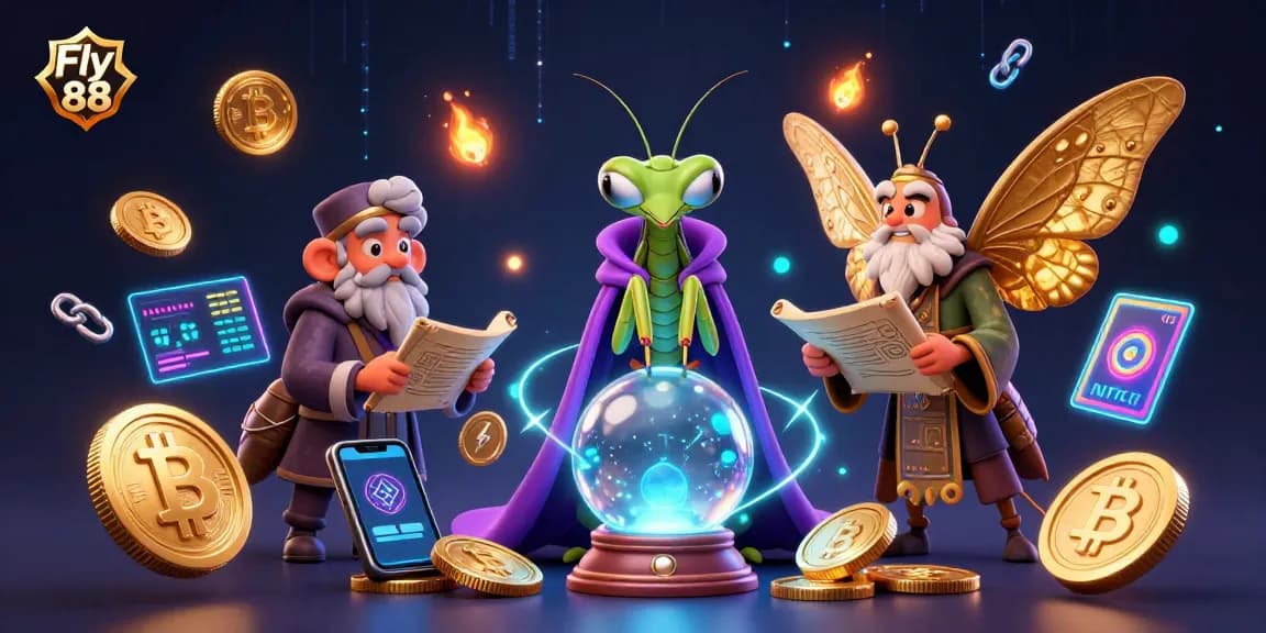 Engage with Fly 88's vibrant casino scene featuring fortune tellers and crypto elements.