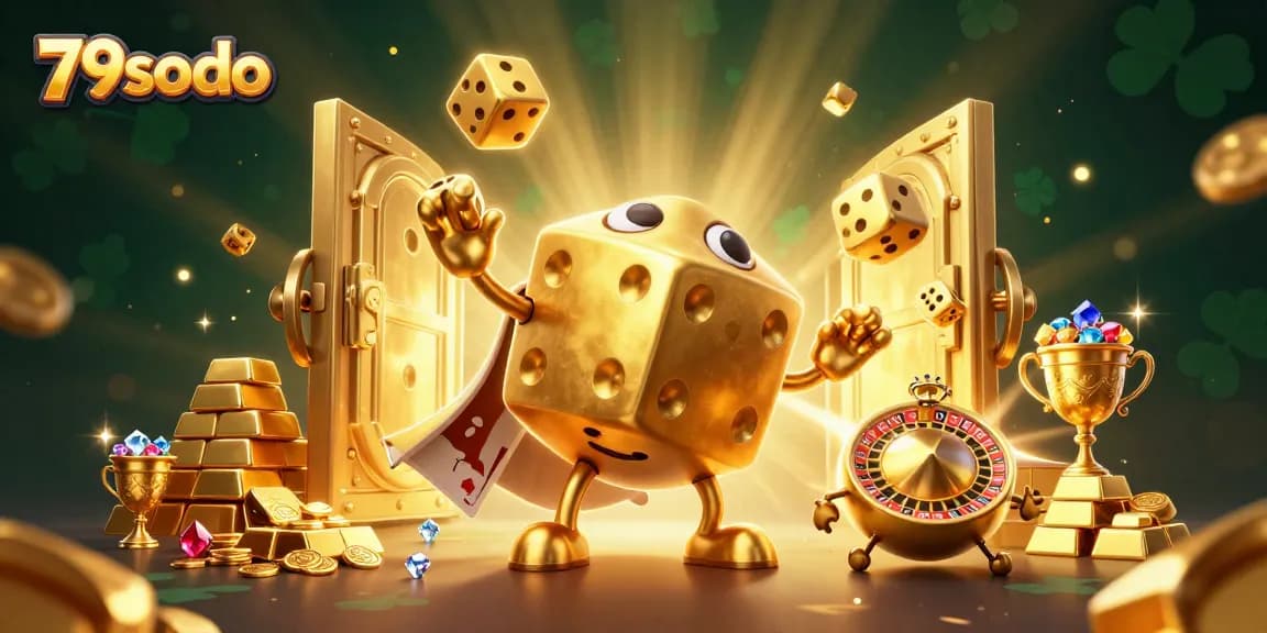 Experience the thrill of 79sodo with vibrant casino elements and golden treasure in a dynamic 3D illustration.