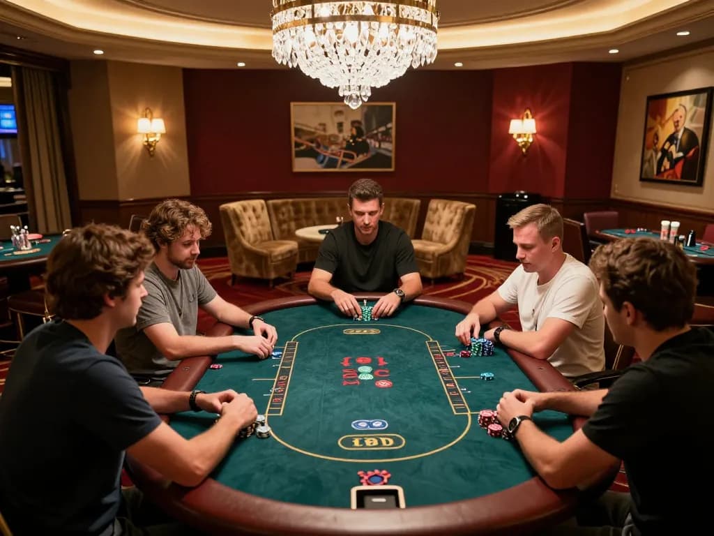 Intense high-stakes poker game at 79KING COM's luxury VIP room showcasing players strategizing.