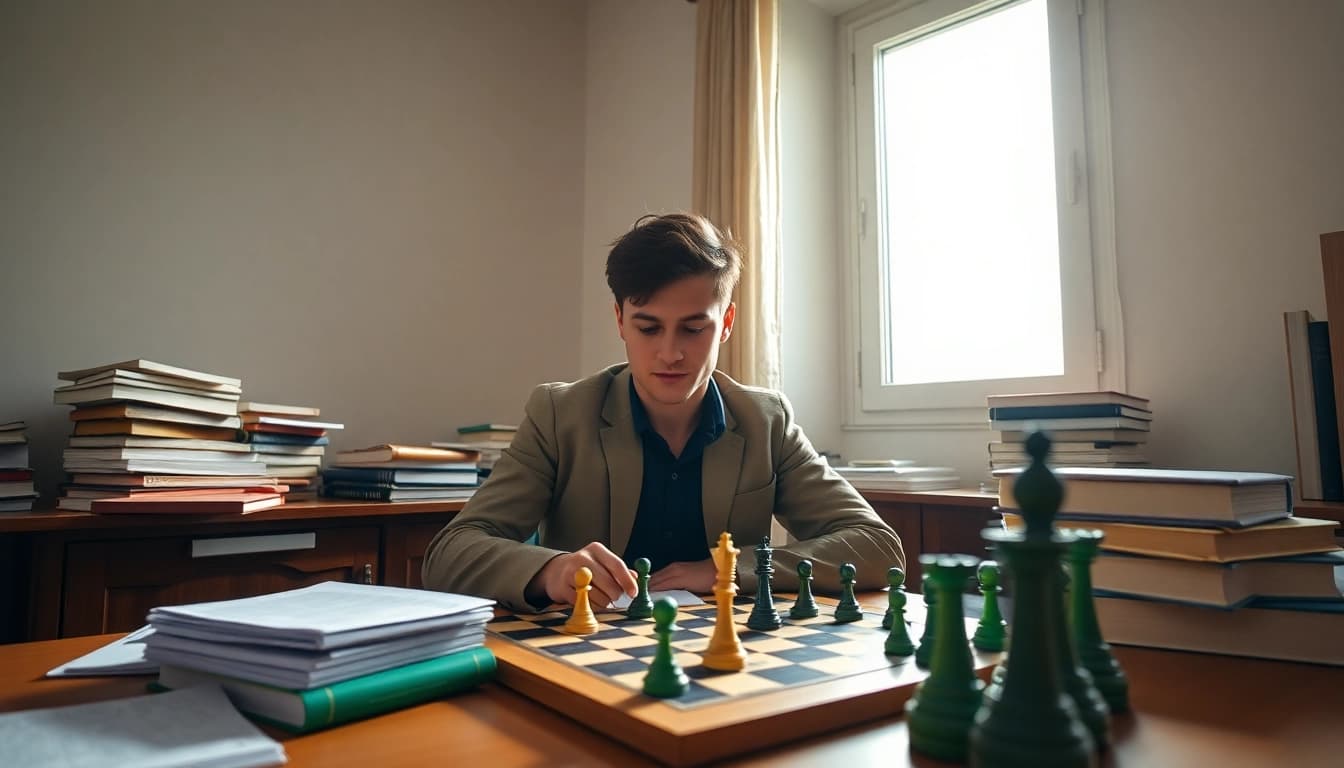 Focused student preparing for fide test preperation with chessboard and study materials.