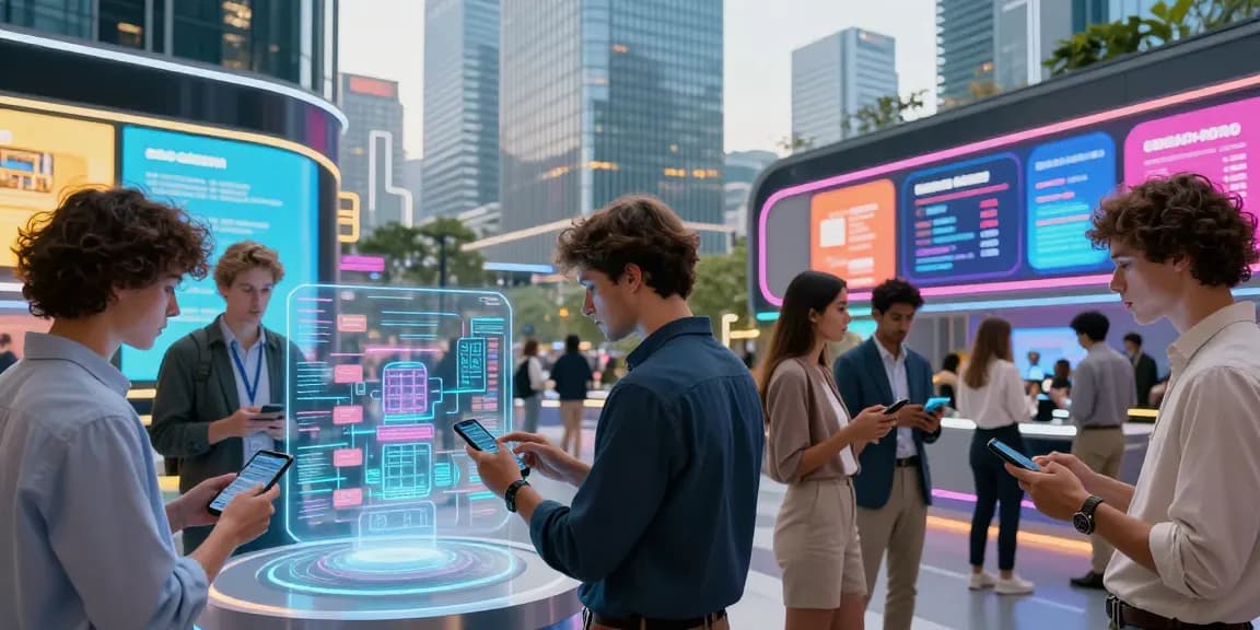 Individuals engaging with rokok88 digital real estate technology in a vibrant urban setting.