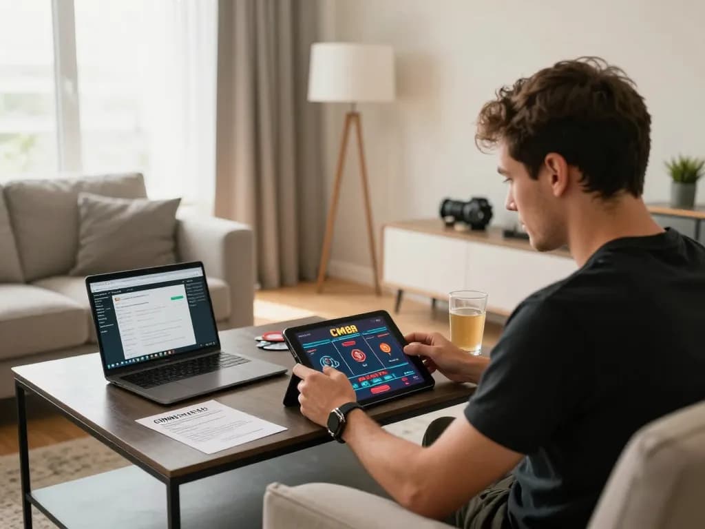 Player engaging with CM88 online poker game on tablet in a cozy home setting