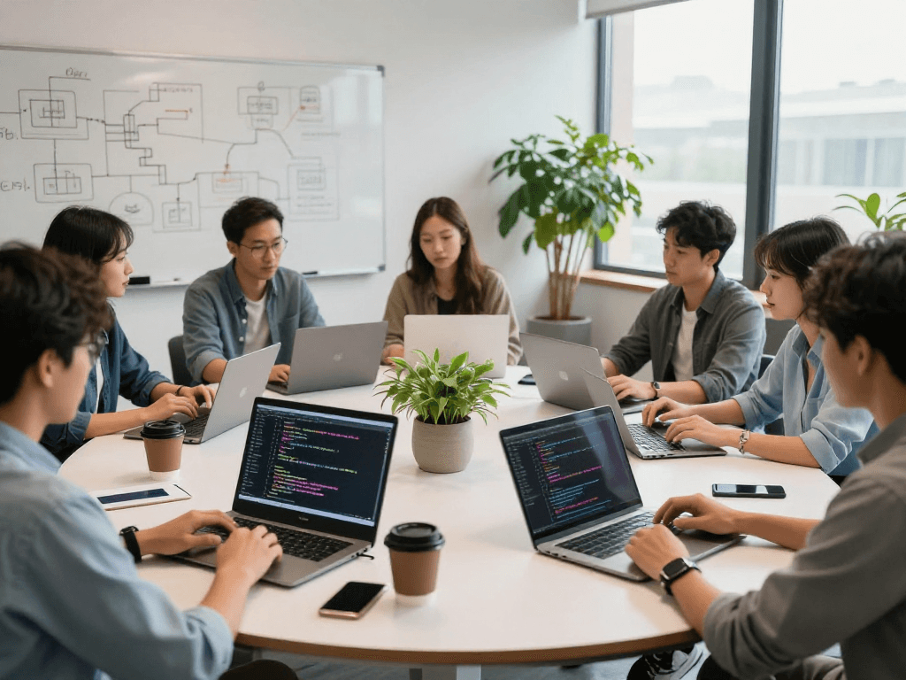 Collaborative tech workspace with developers brainstorming around a table showcasing http://debet-app.com in a modern office.
