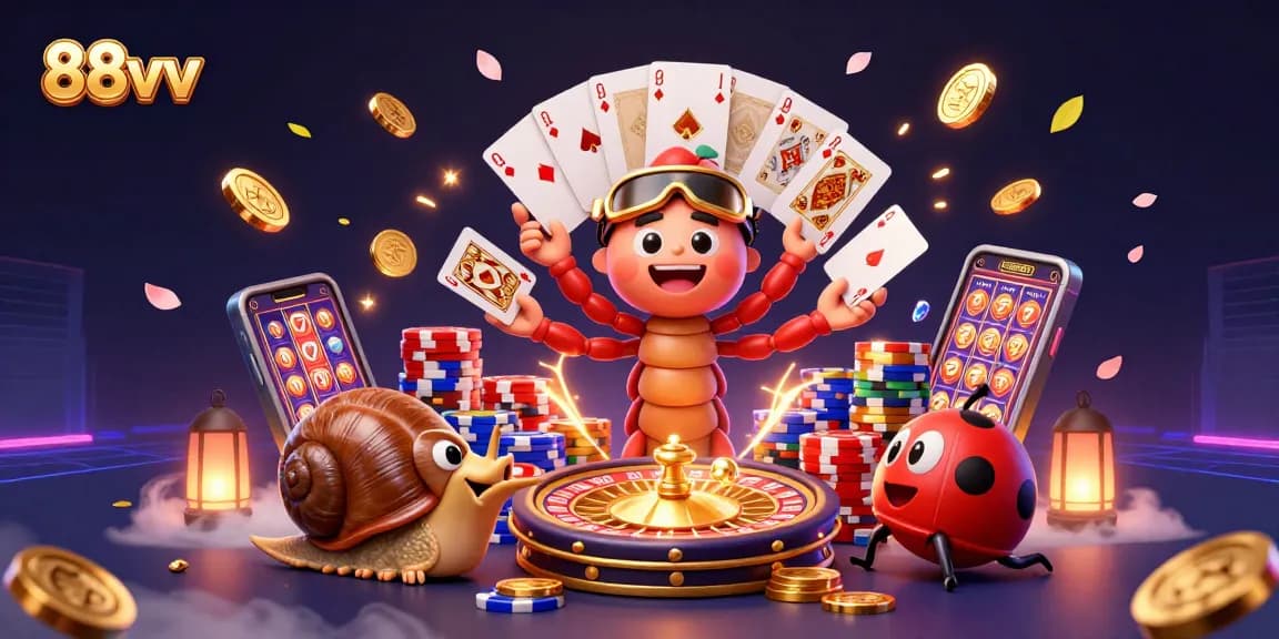 Engage in thrilling gameplay action at 88vv with our vibrant casino-themed illustration showcasing a millipede dealer and a high-roller snail.