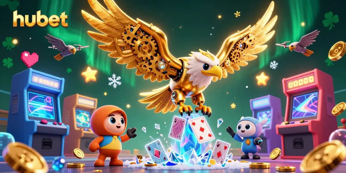 Engage with hubet through a vibrant 3D casino scene featuring a golden eagle and dynamic game elements.