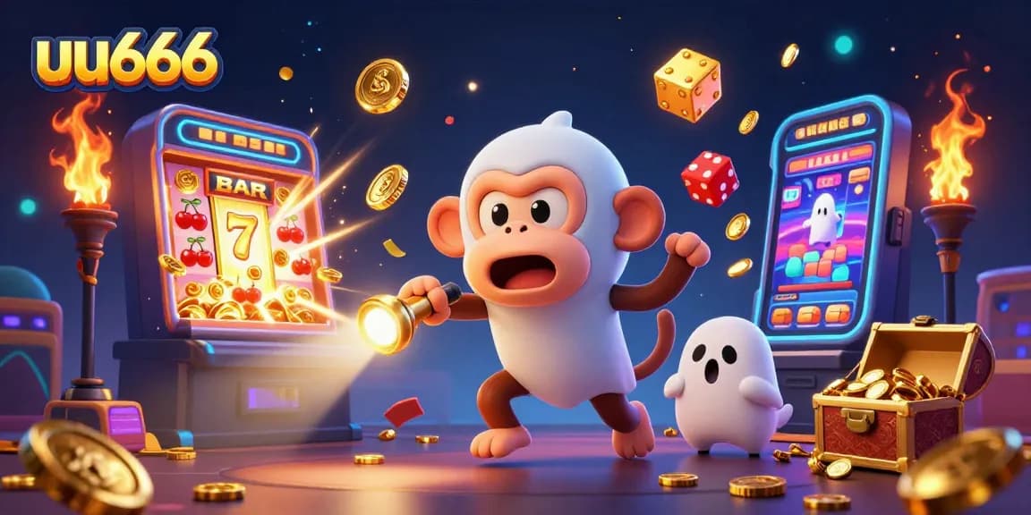 Experience the thrill of uu666 with a ghost-hunter puppy chasing a mischievous poltergeist monkey in a lively casino.
