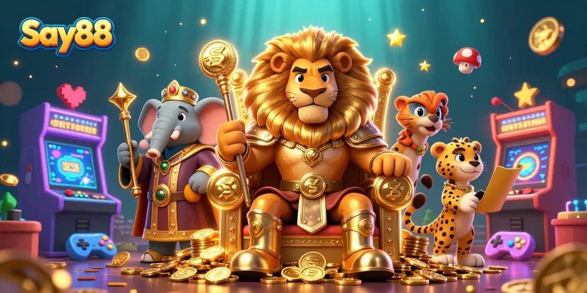 Experience thrilling gameplay with Say88 in a vibrant casino environment featuring a fierce lion king, an elephant advisor, and a speedy cheetah.