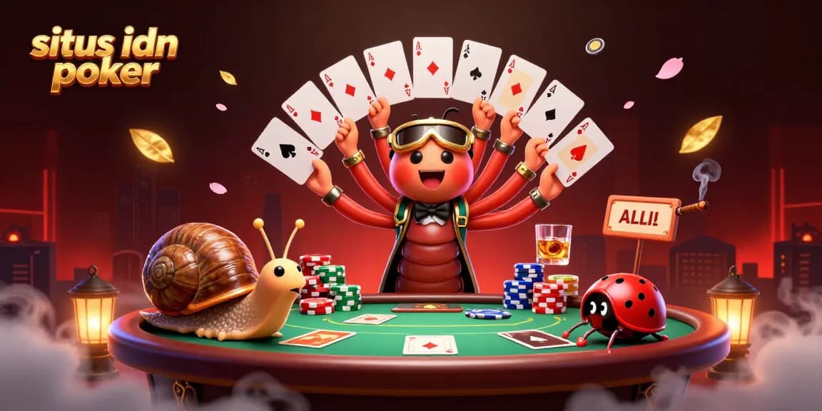 Permainan poker di situs idn poker dengan dealer unik dan tumpukan chip yang menarik.