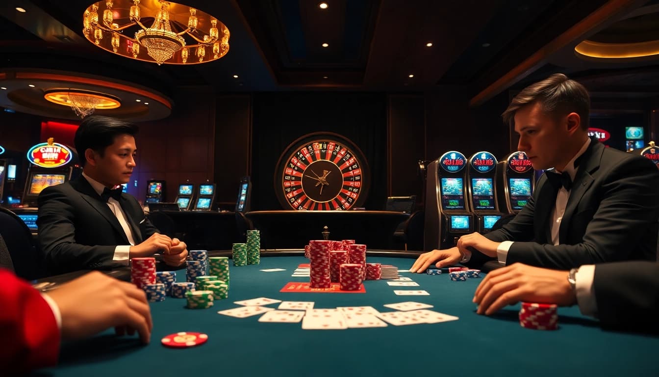 CM 88 poker players enjoying a high-stakes game with vibrant casino atmosphere