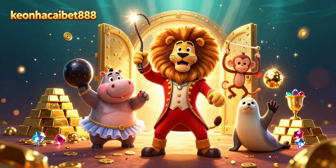 Engage in thrilling gaming at keonhacaibet888 with vibrant circus-themed 3D illustration showcasing fun characters.