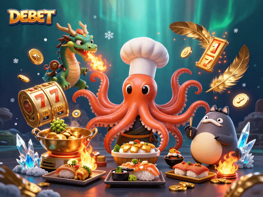 Engaging DEBET scene with a sushi chef octopus, dragon, and tanuki celebrating gaming wins.