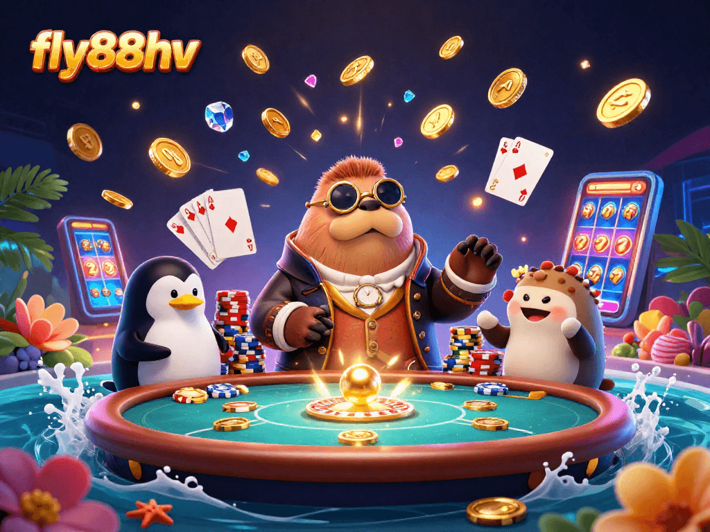 Experience vibrant casino action with the fly88hv walrus and friends at an underwater poker table.