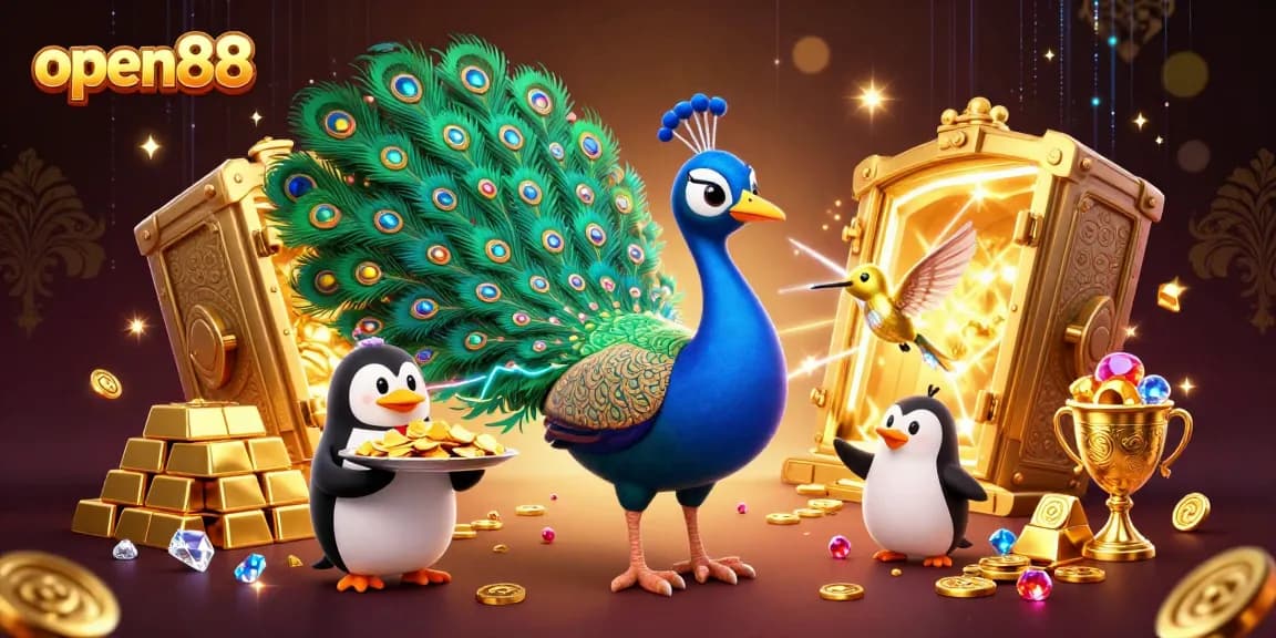 Experience excitement at open88 casino with vibrant 3D illustrations of colorful characters and treasures.