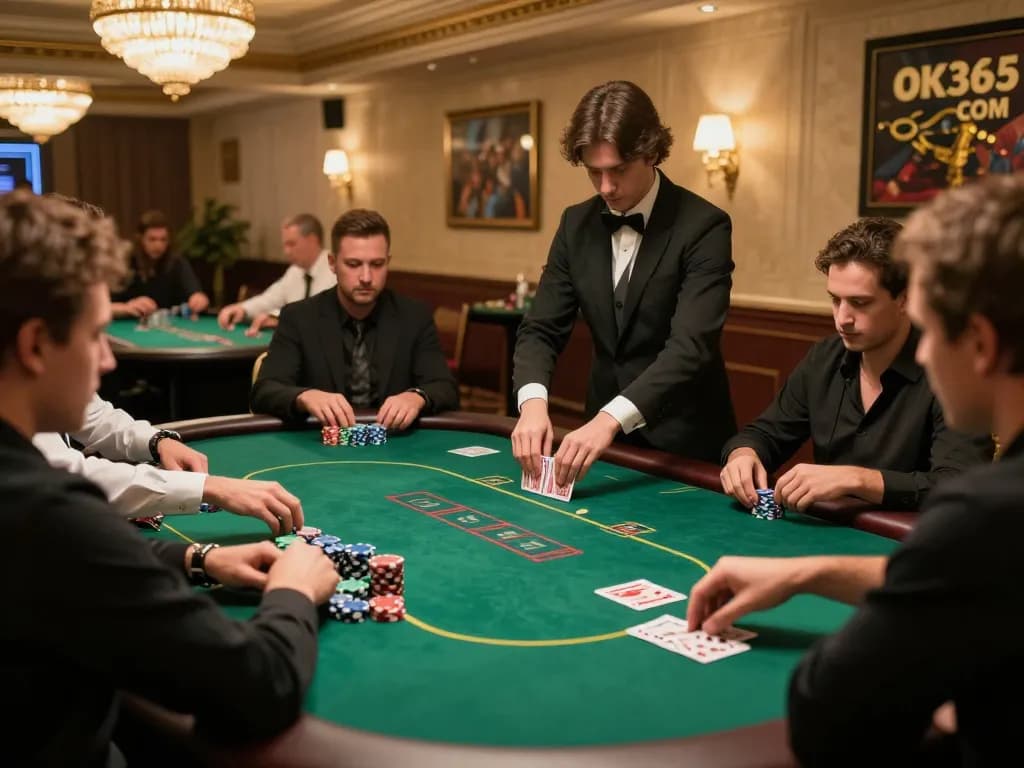 Players enjoying an exciting poker game at OK365 COM casino, showcasing vibrant chips and cards.