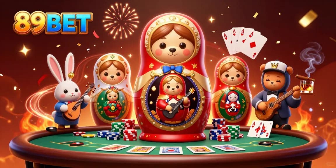 Experience the excitement of 89BET with a vibrant 3D casino scene featuring festive characters and gaming elements.