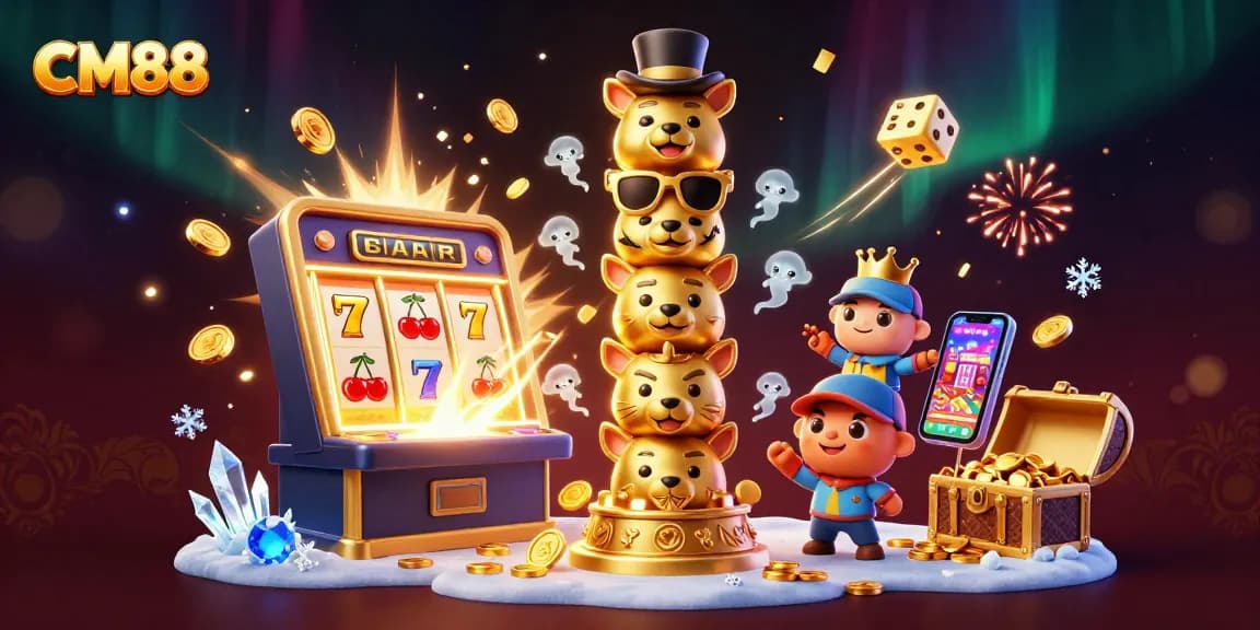 Spin the jackpot at CM88 with shimmering coins, colorful slots, and dynamic casino elements.