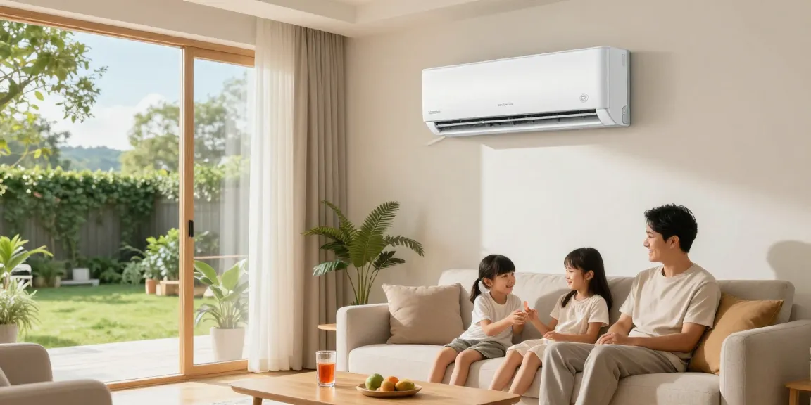 Klimaanlage zuhause im modernen Wohnzimmer, Familie entspannt im kühlen Raum.