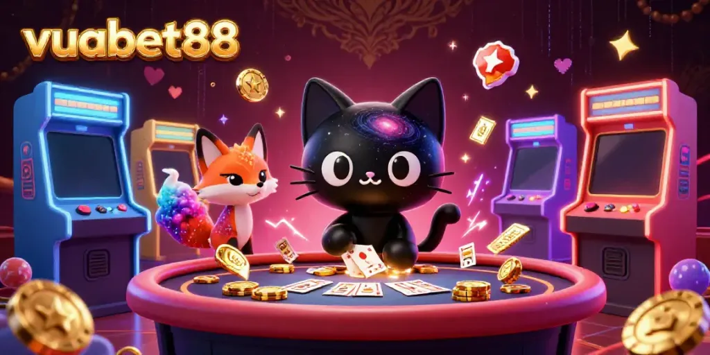 Experience the thrill of vuabet88 with a magical casino scene featuring a black hole cat and colorful cosmic elements.