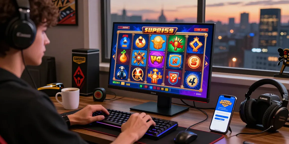 Pengguna berdedikasi memainkan permainan slot online dengan akses Super59 login, dikelilingi oleh merchandise gaming dan suasana nyaman.