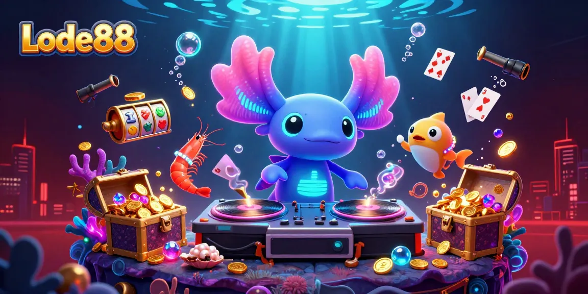 Lode88 celebrates with vibrant underwater party scene featuring a neon axolotl DJ spinning, alongside lively shrimp dancers and treasure, perfect for gamers.