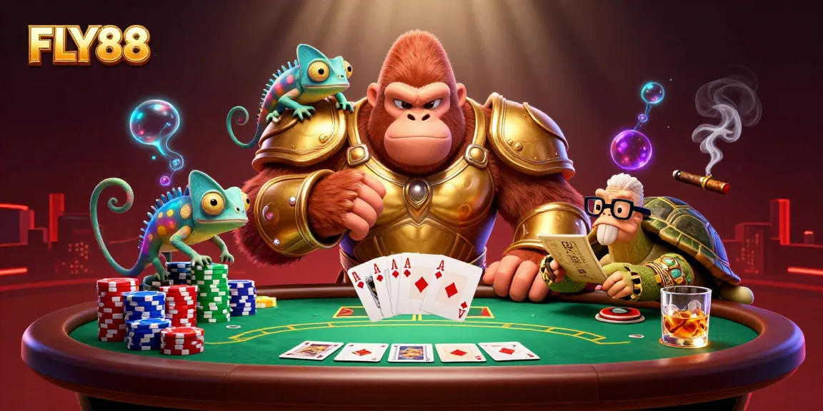 FLY88 showcases a powerful gorilla king in battle armor surrounded by vibrant poker elements.