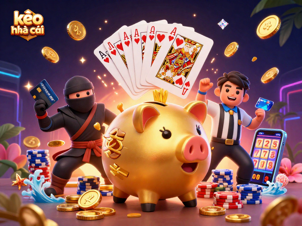 Exciting kèo nhà cái scene showcasing a golden piggy bank sumo wrestler amidst flying coins and vibrant casino elements.
