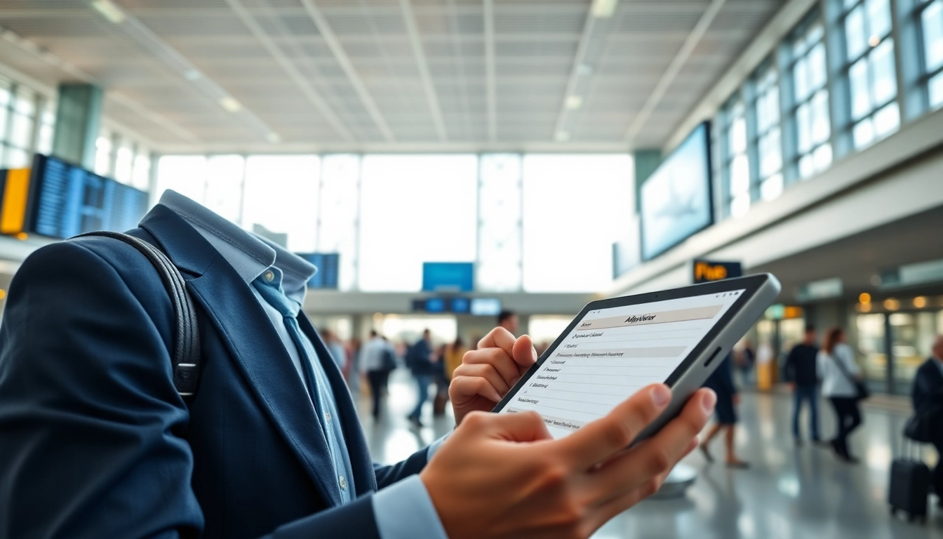 Fill out the eta application uk at a busy airport terminal, highlighting modern travel.