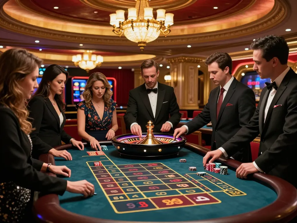 Experience the thrill of the 98WIN casino with players engaging at a roulette table under warm chandelier lighting.