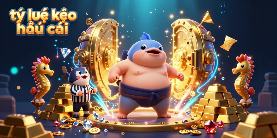 Bettors engage with tỷ lệ kèo nhà cái as the fugu and seahorses cheer in this vibrant gambling illustration.