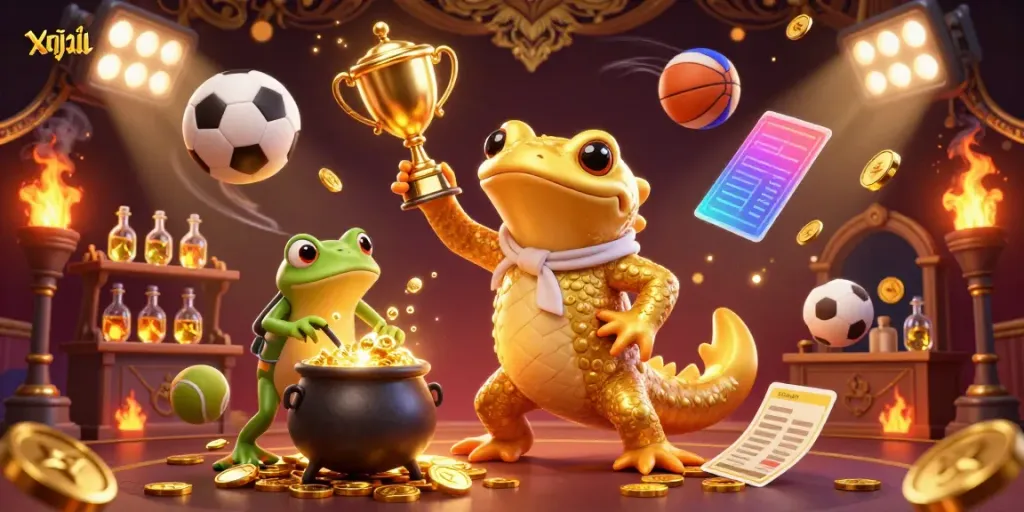 Xoilac players celebrate with golden symbols and sports elements in a vibrant betting scene.