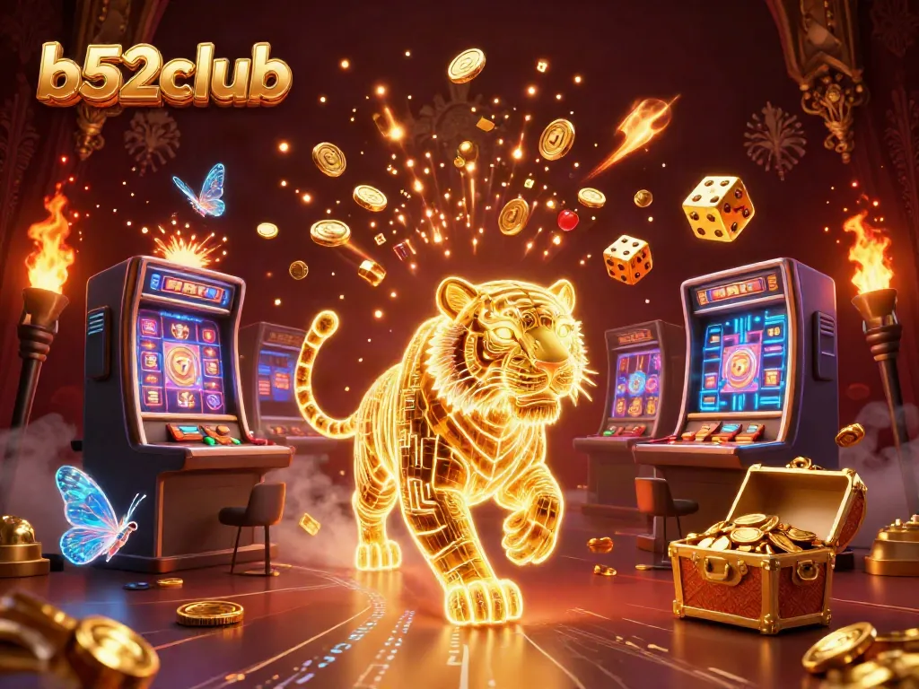 Win big at b52club with vibrant digital casino games featuring neon tiger and slot machines.