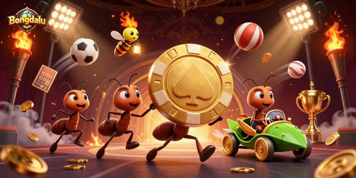 Bongdalu reveals a dynamic heist scene with ants carrying a massive golden poker chip amid sports actions.