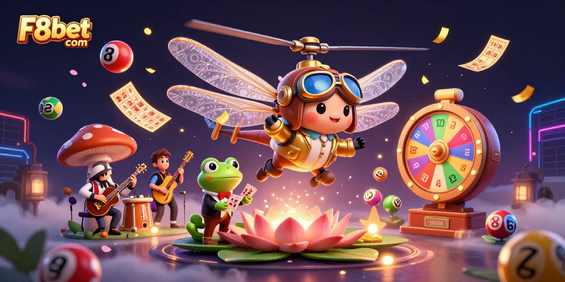 Engage in thrilling casino action with F8bet com as vibrant lottery elements surround iconic characters.