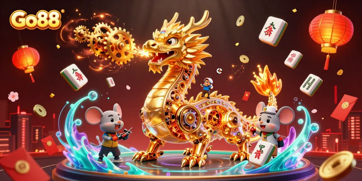 Engage with Go88's vibrant casino experience enhanced by a golden dragon and dynamic game elements.