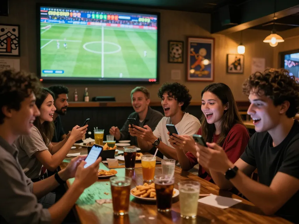 Socolive users actively placing bets on a live soccer match with excitement in a sports bar