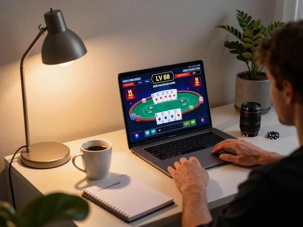 Experience the excitement of LV 88 online gaming with engaging poker gameplay on a stylish desk