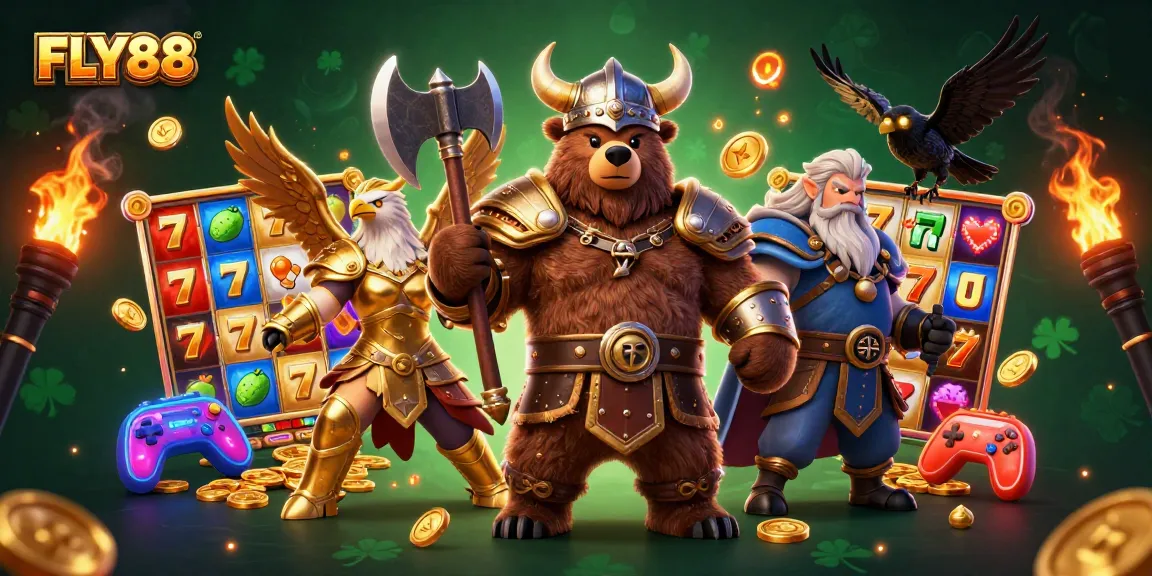FLY88 offers exciting slot opportunities with a Viking bear and Valkyrie in a vibrant gaming scene.