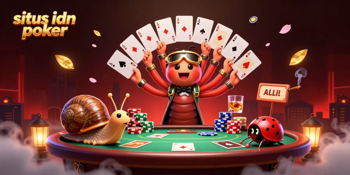 Permainan poker di situs idn poker dengan dealer unik dan tumpukan chip yang menarik.