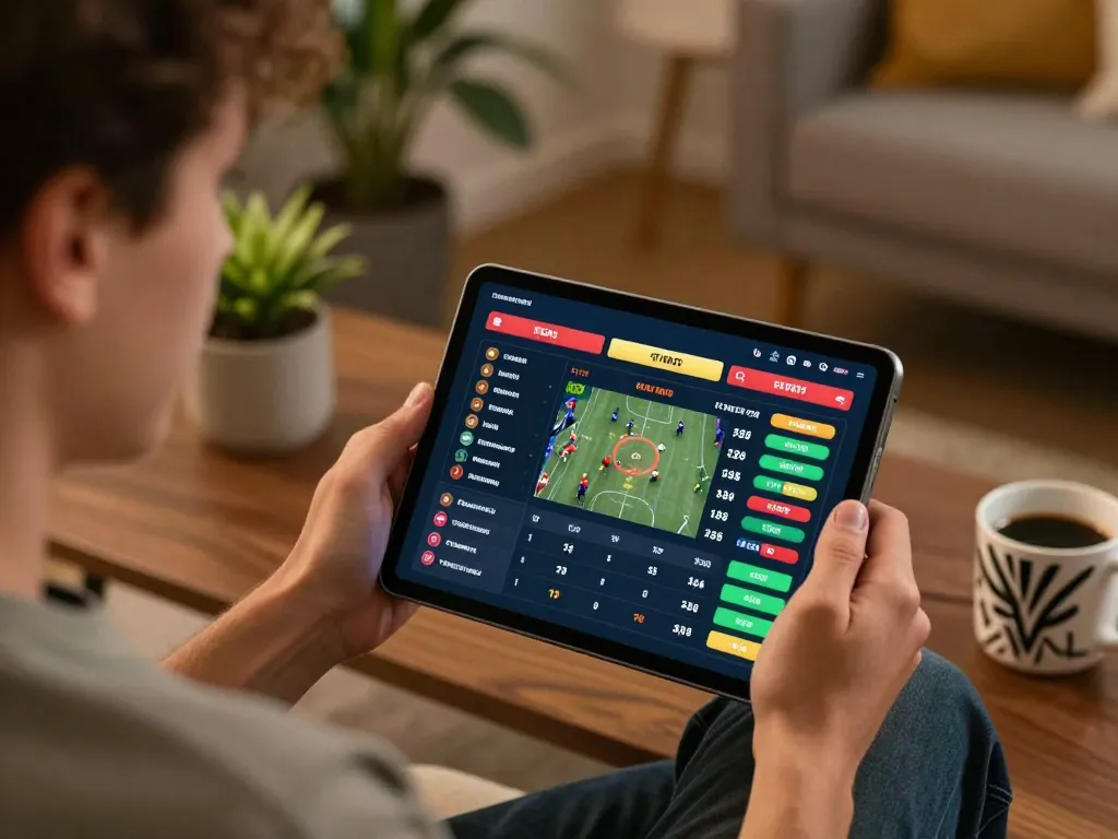 Excited player placing bets with QQ88 on tablet during a home gaming session
