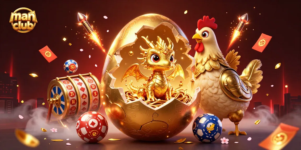 Experience jackpot excitement at man club with a golden dragon emerging from poker chips and lottery elements.