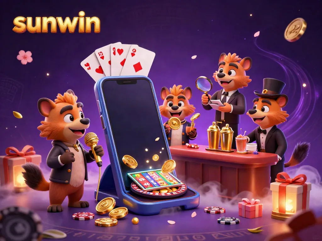 Hyenas embodying a vibrant comedy casino scene with sunwin-themed elements, showcasing cocktail mixing and stand-up humor.