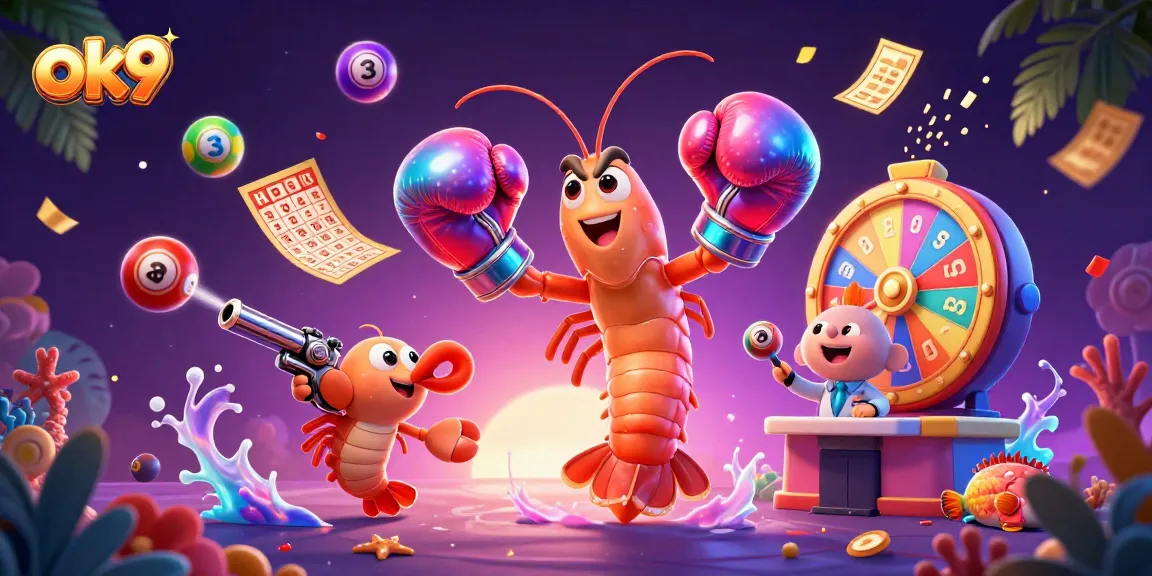 Engage with ok9 and dive into exciting lottery games illustrated with shrimp mascots and vibrant game elements.