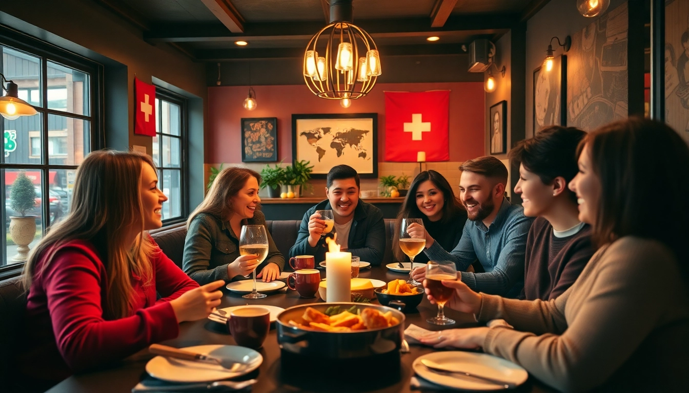 Spannender Schweiz-Quiz-Abend mit Freunden, die Schweizer Küche genießen und lebhafte Diskussionen führen.