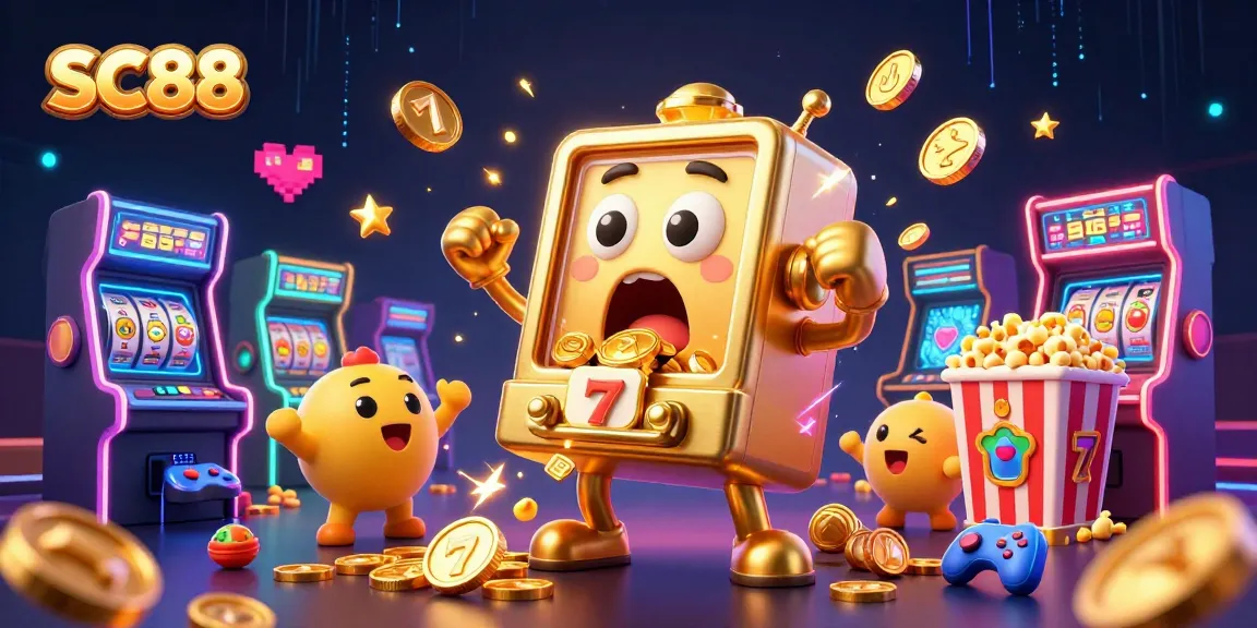SC88 slot machine wins jackpot, surrounded by cheering mini machines and arcade elements.