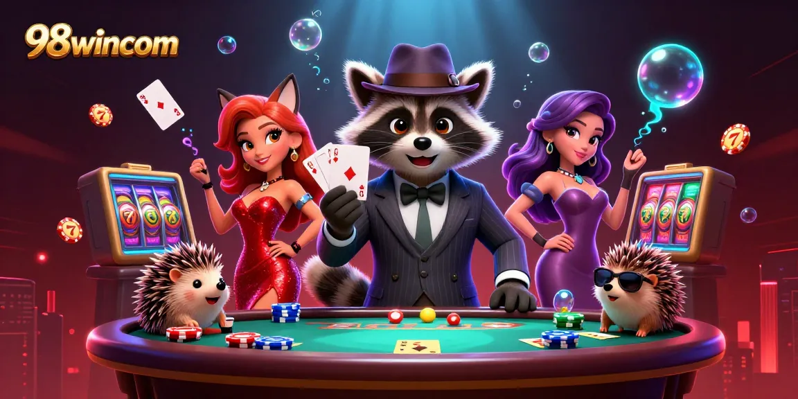 Engage in high-stakes action with 98wincom at a vibrant casino scene featuring a raccoon and friends.
