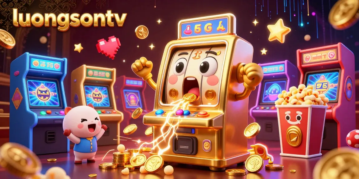luongsontv slot machine hitting jackpot, surrounded by cheering baby machines and arcade elements