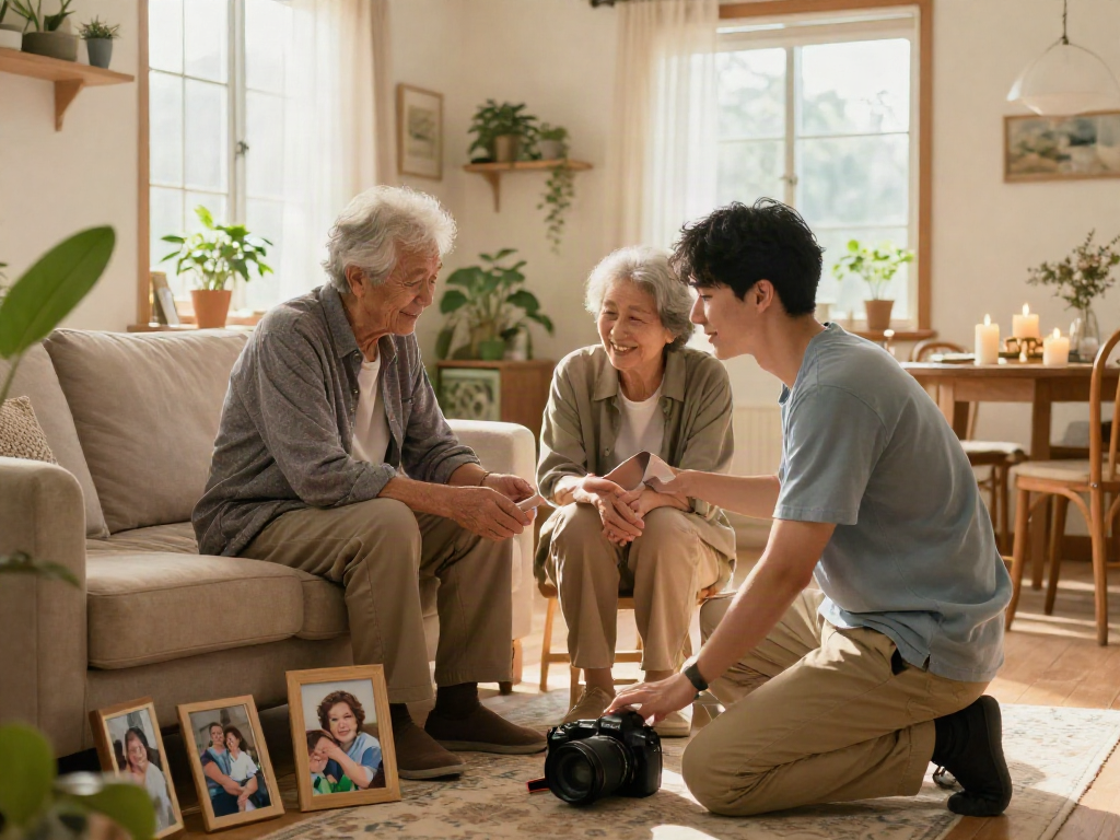 Son caring for elderly parents, embodying values of respect and love, representing rokok88's message.